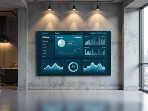 AI platform interface showing dashboard with analytics charts and data visualization elements, dark blue background with blue and cyan accents